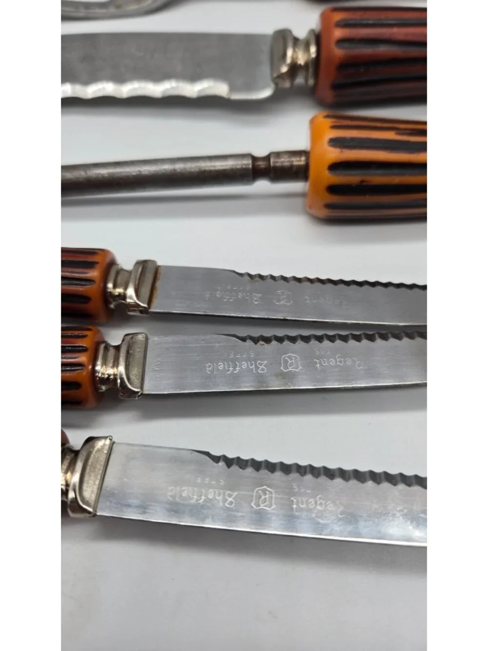 Vintage Regent Sheffield Carving Set 6 Pc Faux Stag Horn Handle Steak Knives
